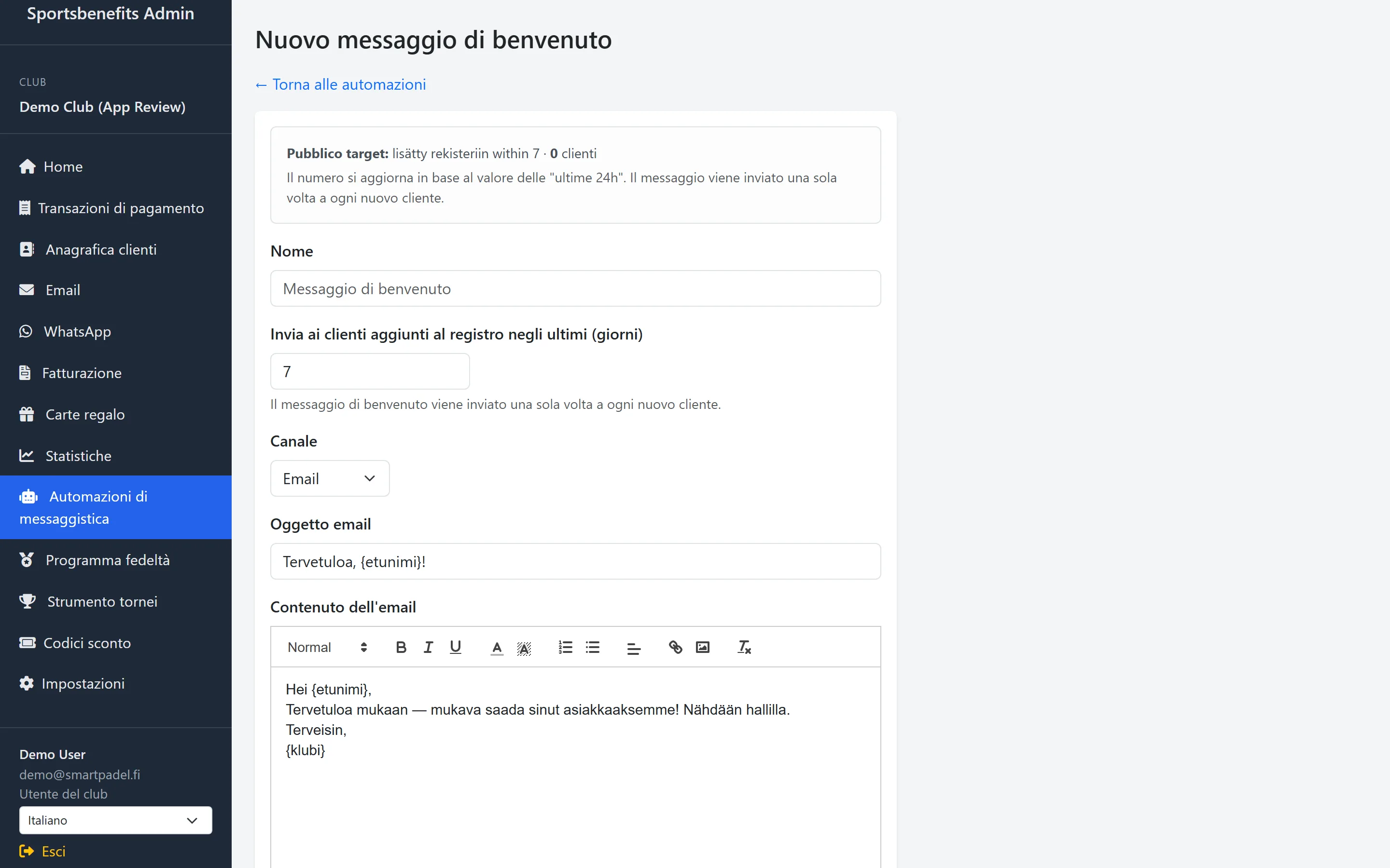 Screenshot: l'automazione dei messaggi invita i giocatori inattivi a tornare