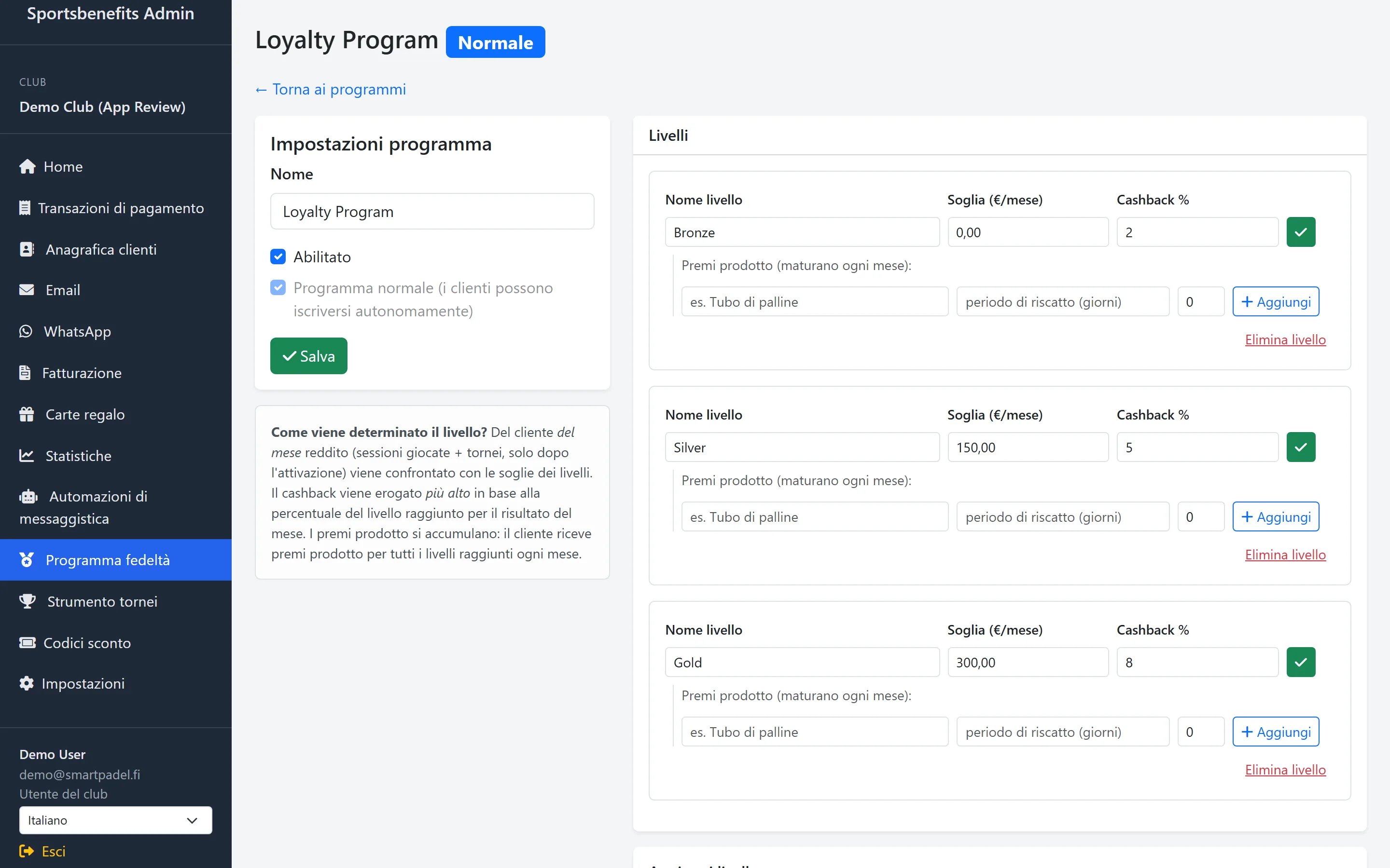 Screenshot: livelli e premi del programma fedeltà nella dashboard
