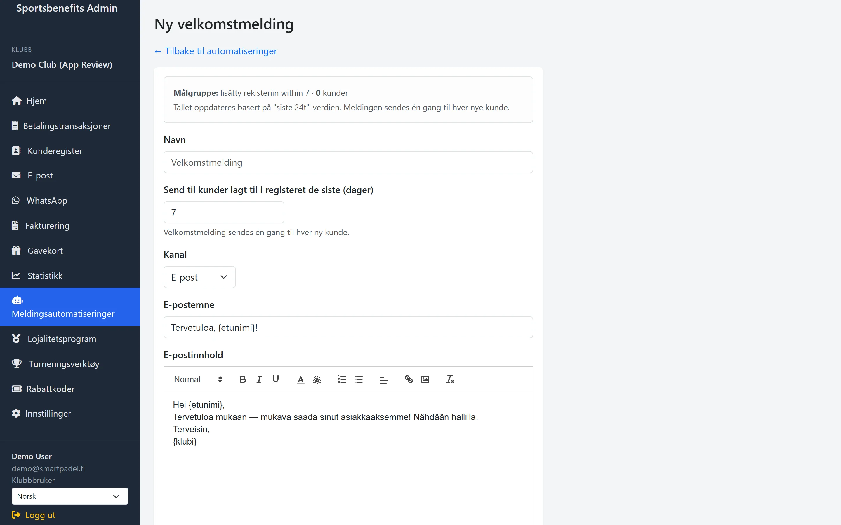 Skjermbilde: meldingsautomatisering inviterer inaktive spillere tilbake